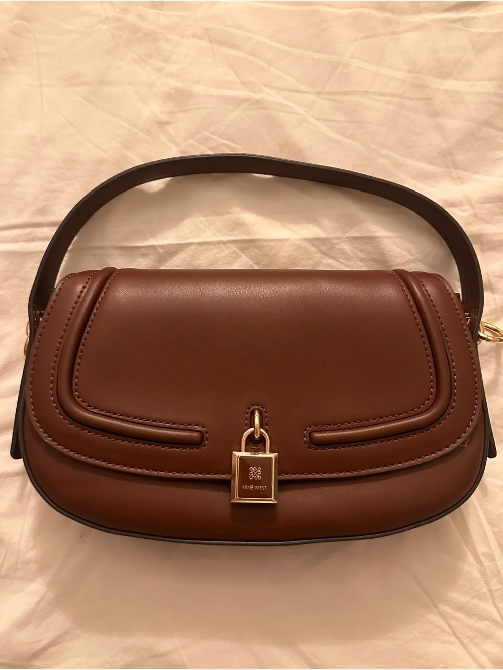 Nine West Brown Leather Top-Handle Clutch with Gold Lock